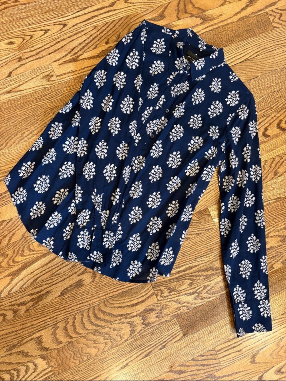 J. Crew Navy Button-Up Shirt with Ivory Floral Motif